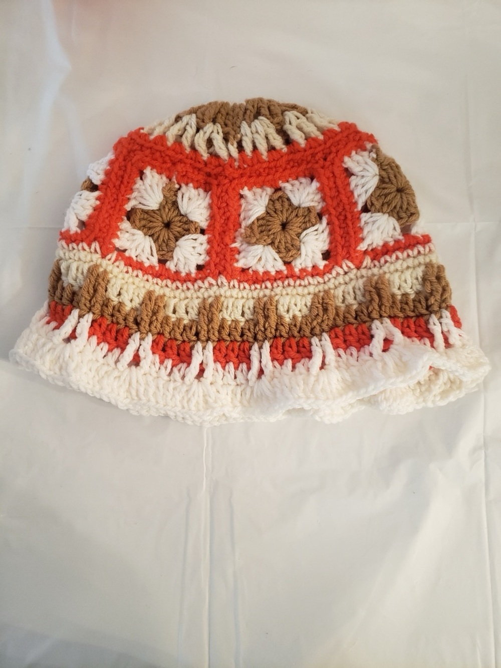 Handmade Crocheted Granny Square Bucket Hat in Orange, White & Tan - Picture 2 of 2
